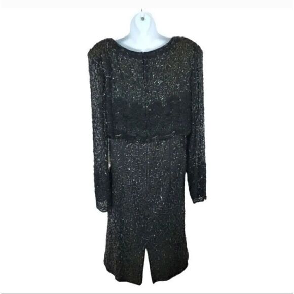 Vintage Lawrence Kazar 100% Silk Beaded and Sequin Evening Gown in Black Size XL - Picture 4 of 10